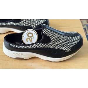 Easy Spirit Traveltime Womens 10WW Extra Wide Slip Mules Black White Woven Shoes
